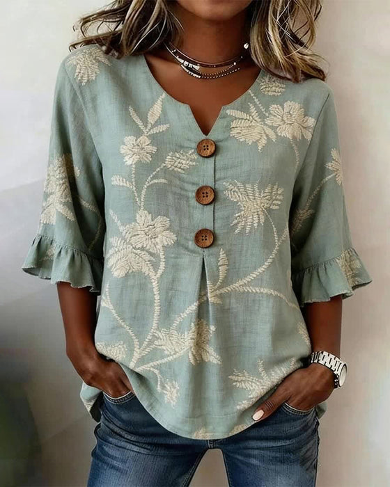 Blouse Ruche Mouw Drie-Knoop Loose Fit