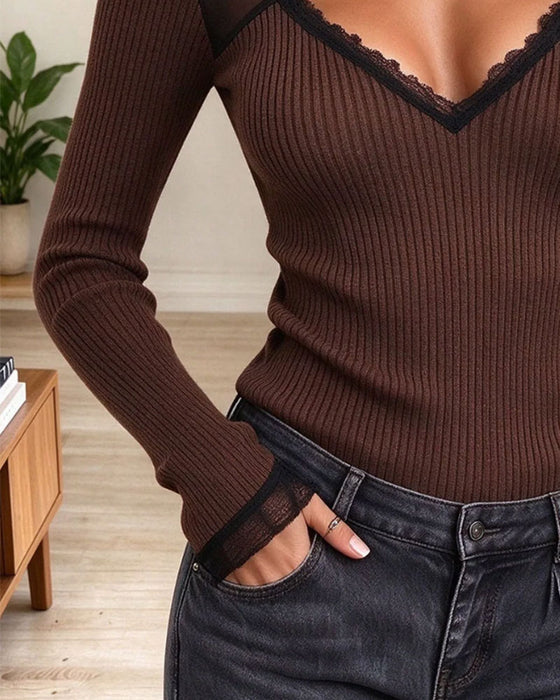 Top Mesh Halfhoge Kraag Holle Geribd