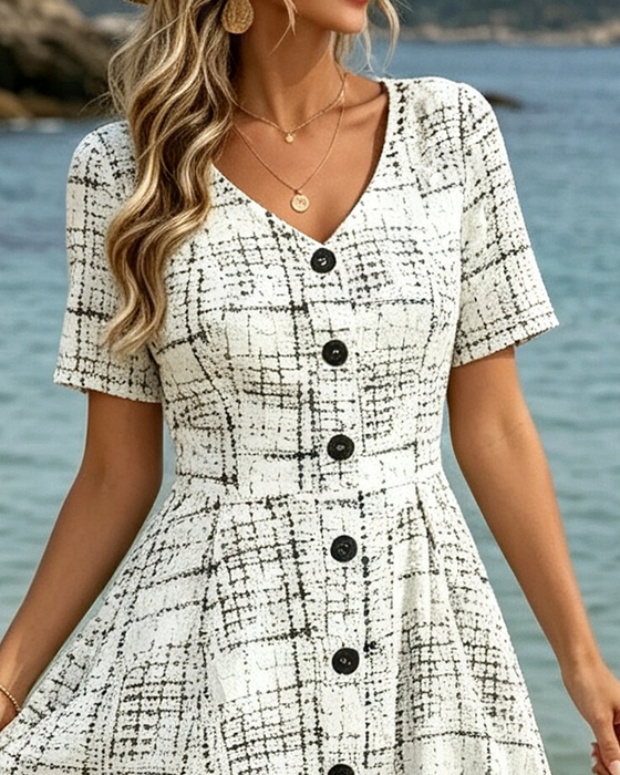 Jurk V-Hals Ruit Knoop Ruffle