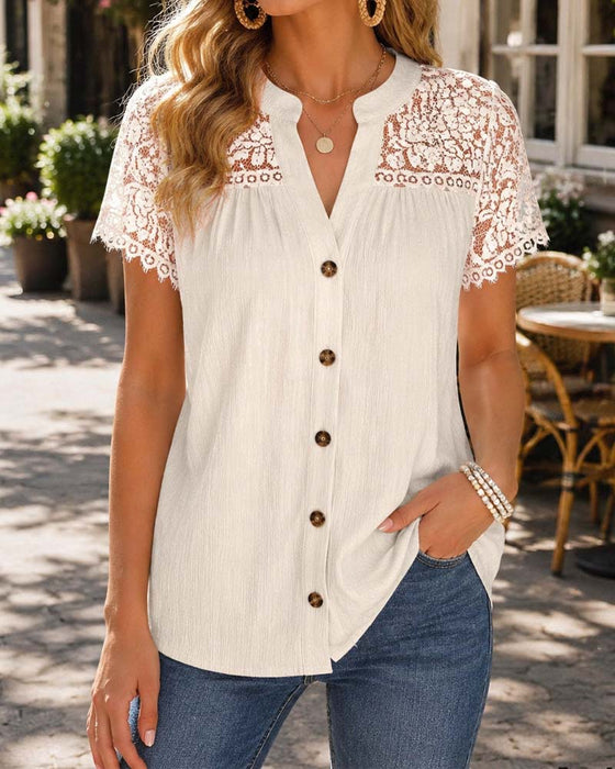 Blouse V-Hals Knoop Kant Paneel