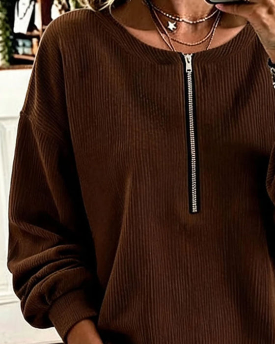 Sweatshirt Ronde Hals Rits Gestreept Drop Schouder
