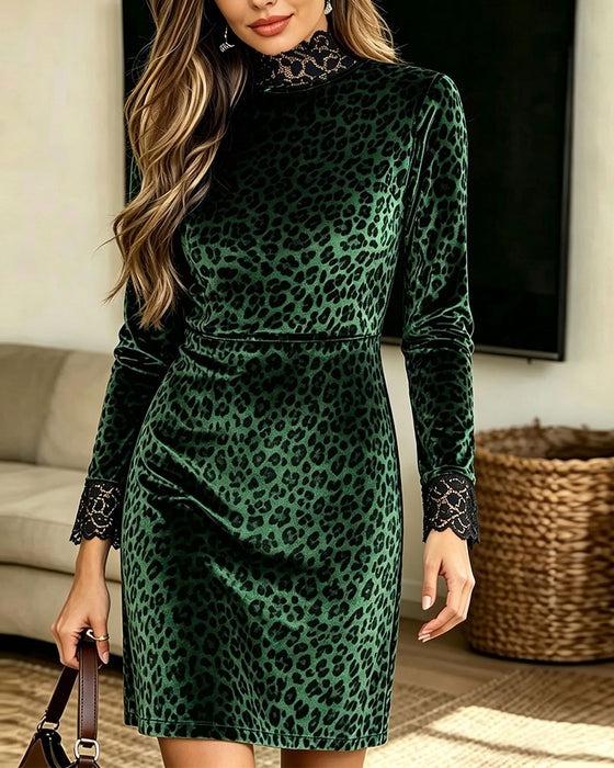 Jurk Turtleneck Luipaard Patchwork Casual