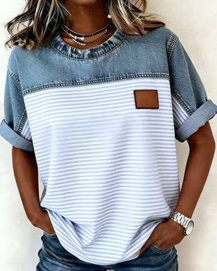 Blouse Denim Paneel Streep