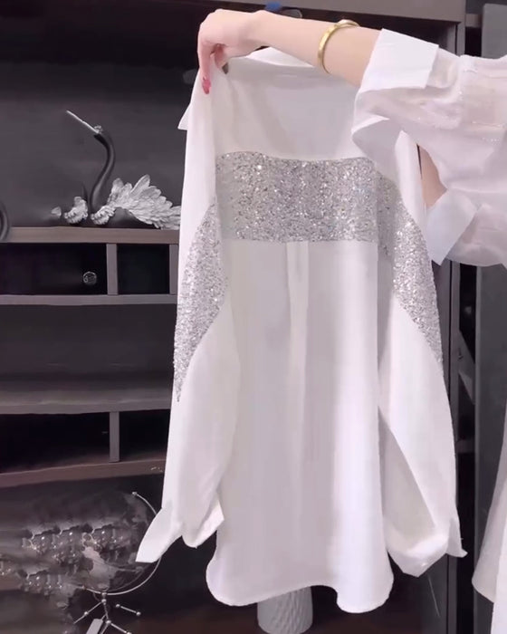 Colbertkraal-Glitters Blouse Met Lange Mouwen