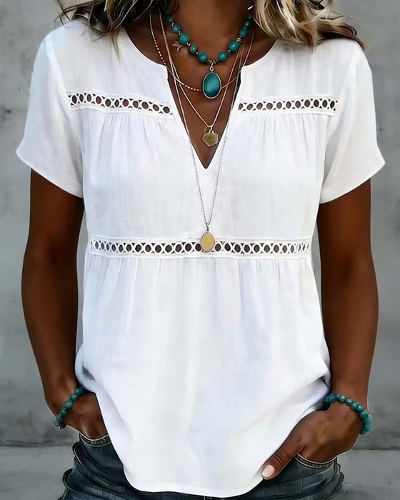 Blouse V-Hals Hollow Out Effen
