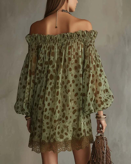 Jurk Luipaardprint Off-Shoulder Kant Patchwork