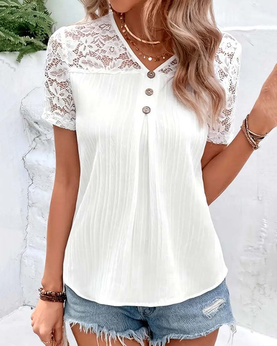 Blouse V-Hals Effen Kleur Kant Stiksel