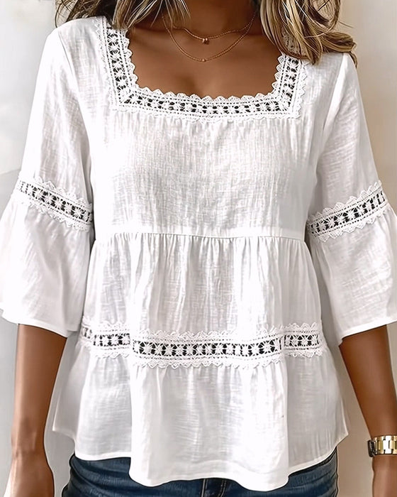 Blouse Korte Mouw Kantpaneel Vierkante Hals
