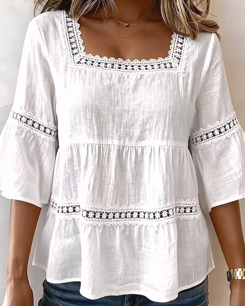 Blouse Korte Mouw Kantpaneel Vierkante Hals