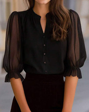 Blouse V-Hals Knoop Effen