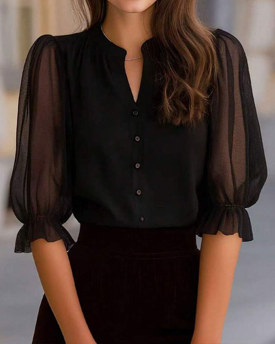 Blouse V-Hals Knoop Effen