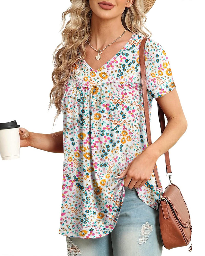 Blouse Bloemen V-Hals Korte Mouw