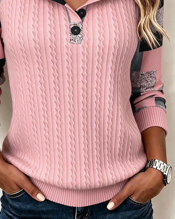 Sweatshirt Kleurblok Henley Kraag Lange Mouw Geknoopt