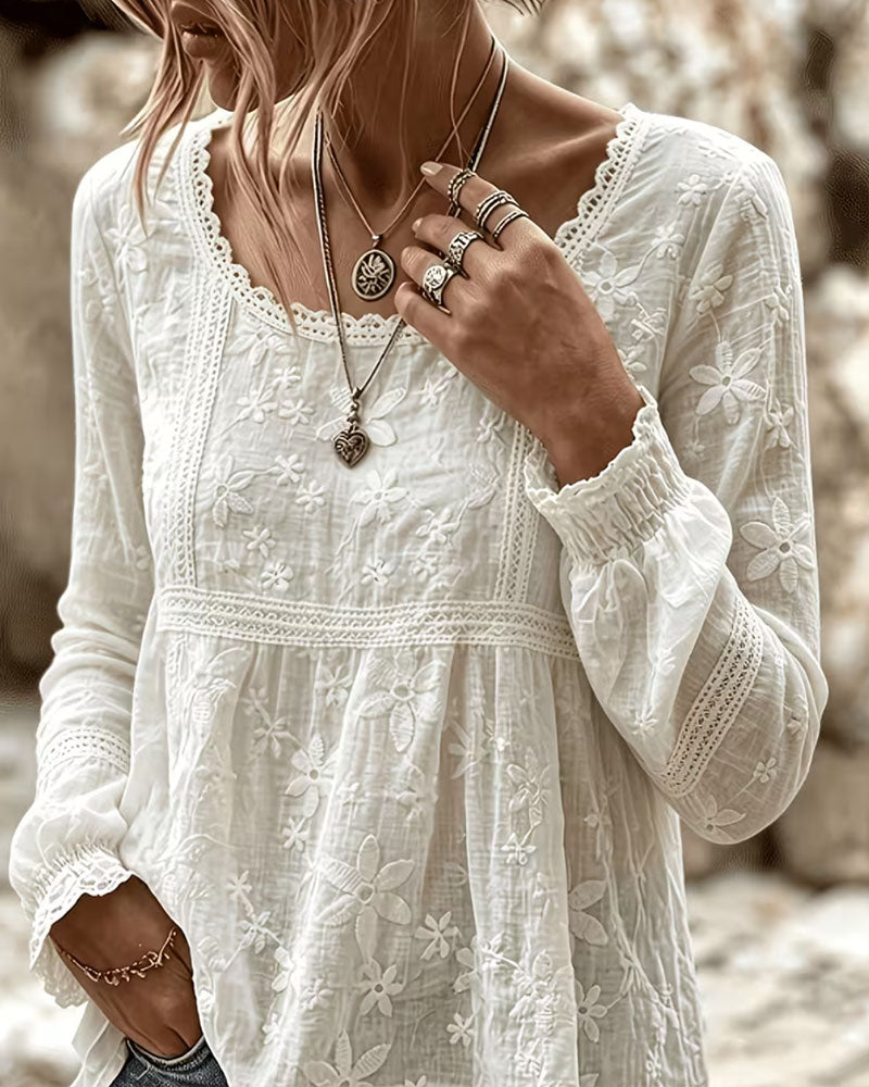 Blouse Ronde Hals Gerimpeld Kant
