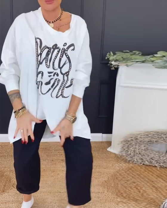 Top Ronde Hals Onregelmatige Letterprint