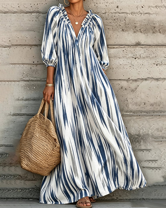 Jurk Tie-Dye V-Hals Pofmouw Lang Resort