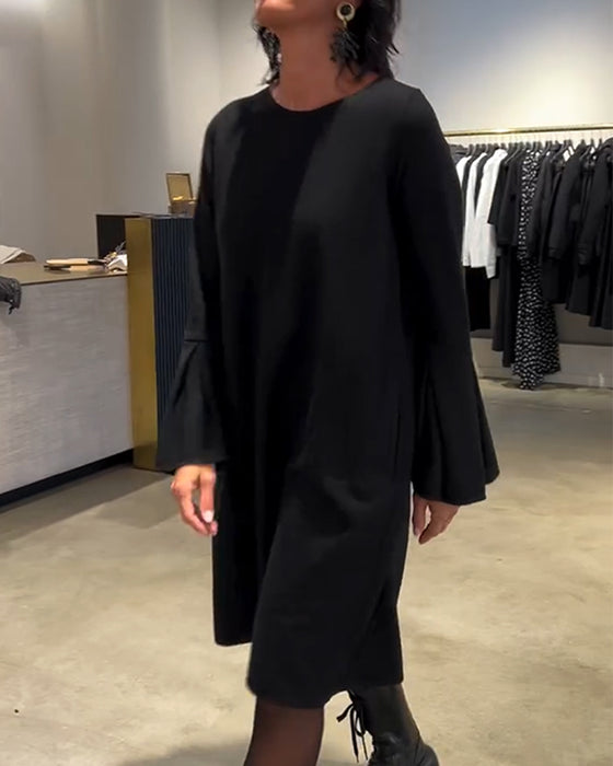 Jurk Effen Wijd Uitlopende Mouw Gerimpeld