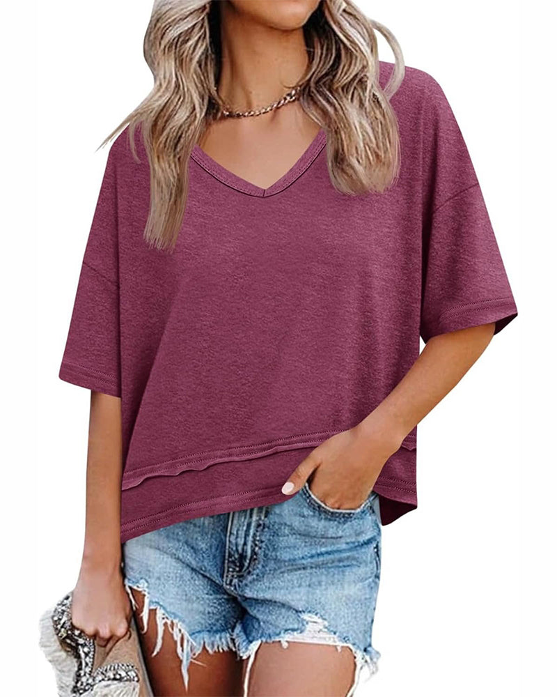 Blouse Effen V-Hals Patchwork Zoom