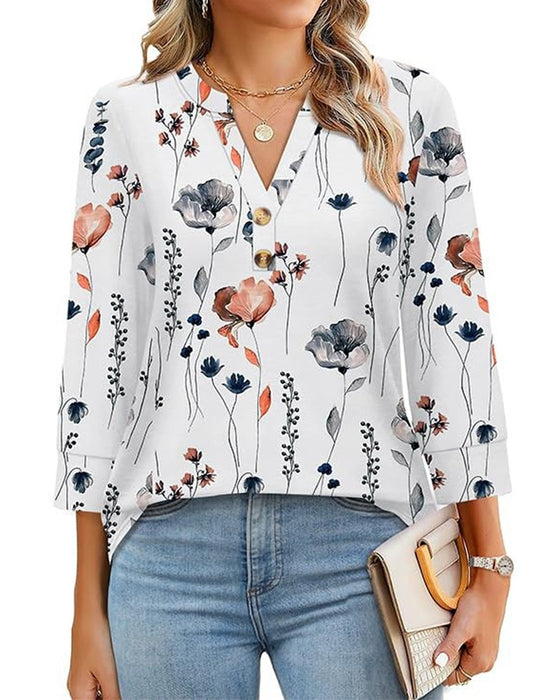 Blouse V-Hals Geknoopt Driekwart Mouw