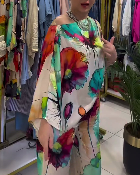 Set met driekwart mouwen met lotusprint en één schouder