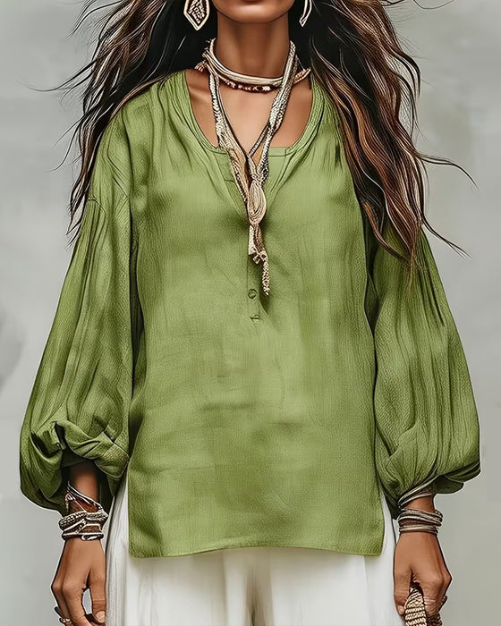 Blouse Casual Lantaarnmouw Effen Loose Fit