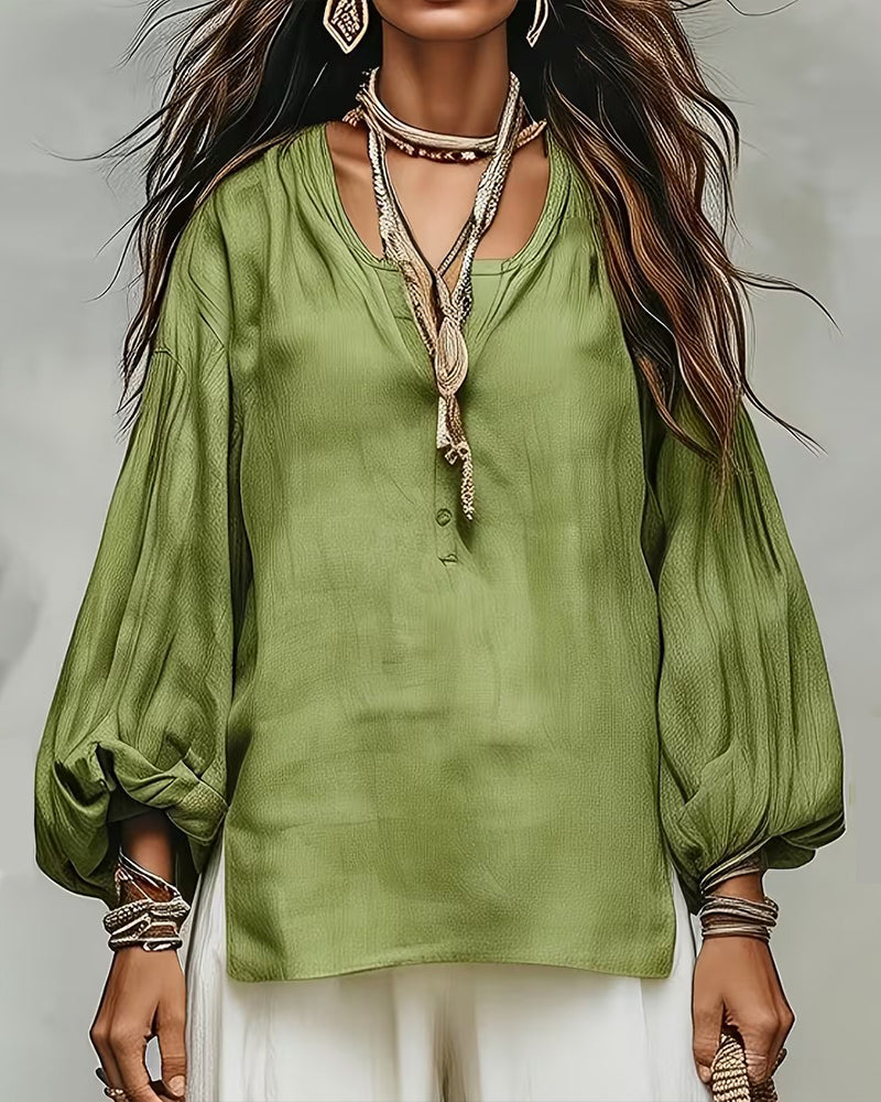 Blouse Casual Lantaarnmouw Effen Loose Fit