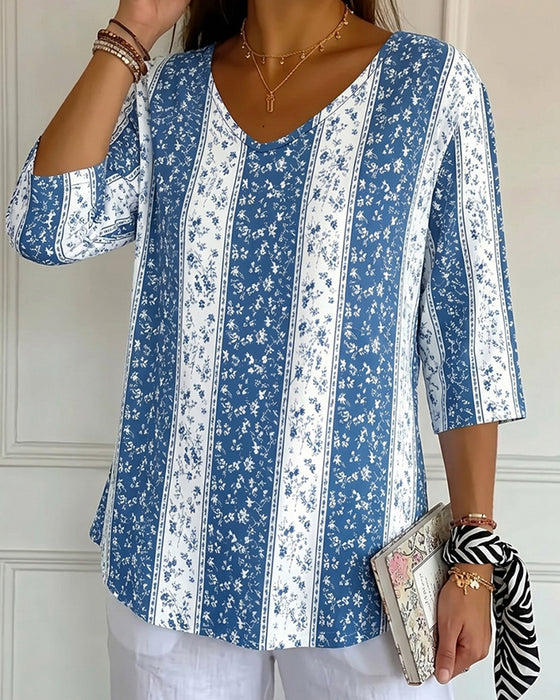 T-Shirts V-Hals Driekwart Mouw Print Casual