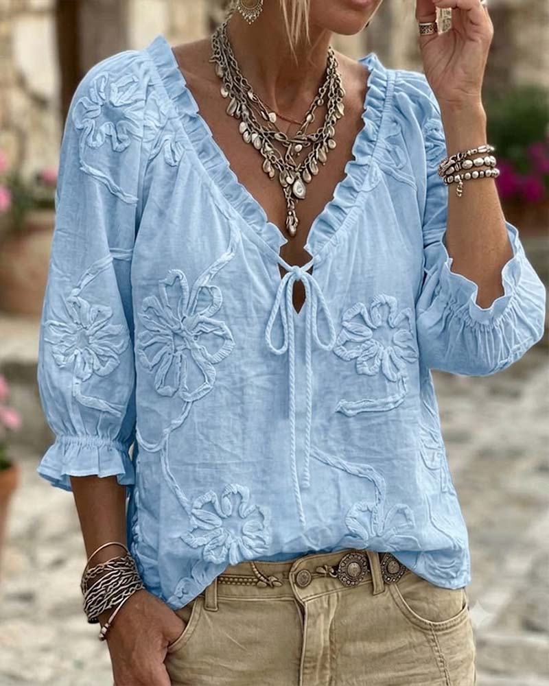 Blouse 100% Katoen V-Hals Wikkel Strik Gerafeld