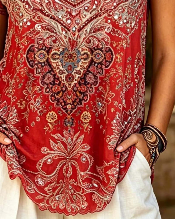 T-Shirt Boho V-Hals Bedrukt Korte Mouw