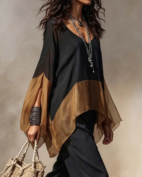Blouse Contrast Paneel Gedrapeerd V-Hals