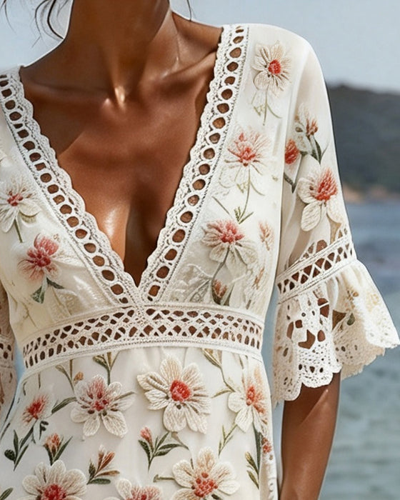 Jurk Hollow Out Patchwork V-Hals Bloemen