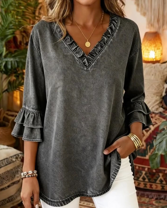 Gerafelde Korte Mouw V-Hals Denim Blouse