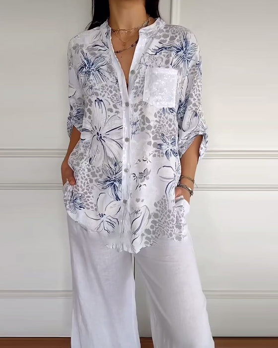 Shirt Staande Kraag Gedrukte Zak