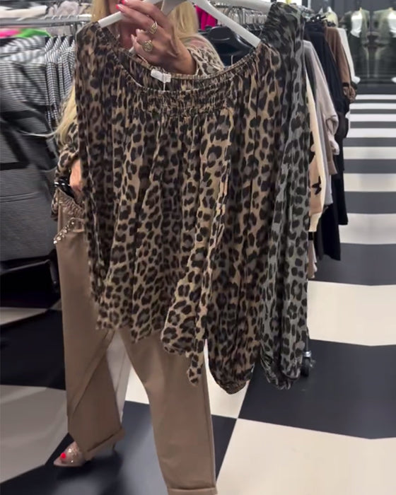 Modieuze blouse met één schouder en luipaardprint