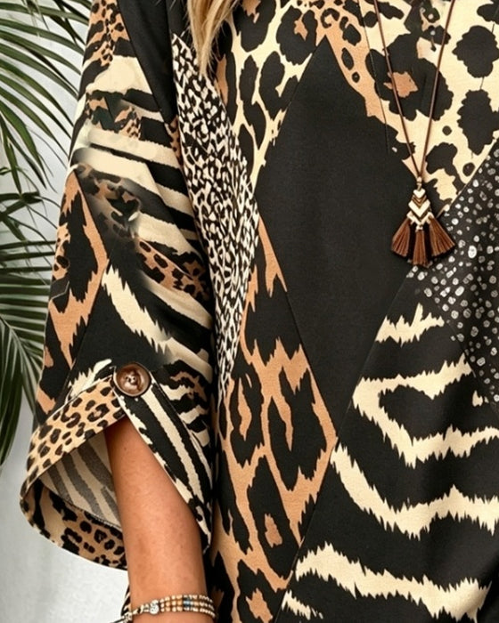 Blouse Rondhals Knoop Luipaard Gerimpeld