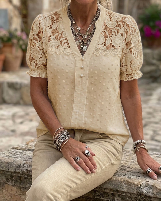Blouse Kant Patchwork Pofmouw V-Hals