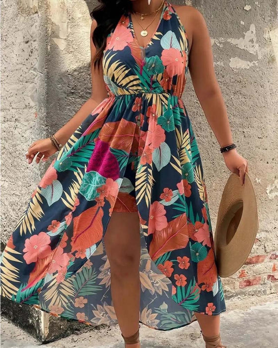 Set V-Hals Halter Mouwloze Jurk + Shorts