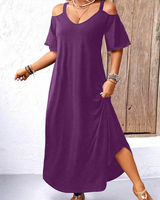 Jurk Effen V-Hals Off-Shoulder Lang