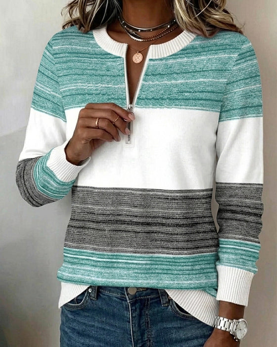 Sweatshirt Met Ronde Hals Rits Gestreept Contrast