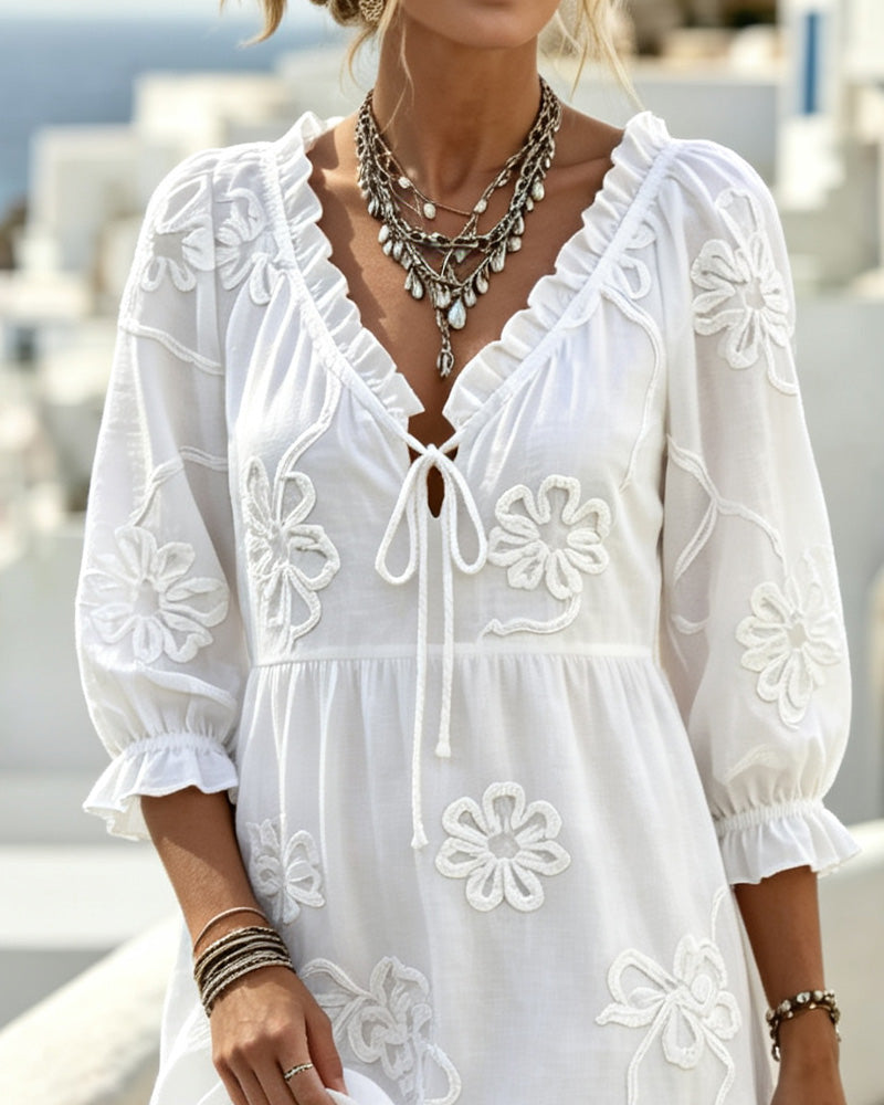 Jurk V-Hals Ruffle 3D Bloemen