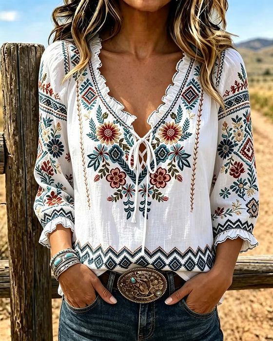 Blouse V-Hals Bohemien Ruffle