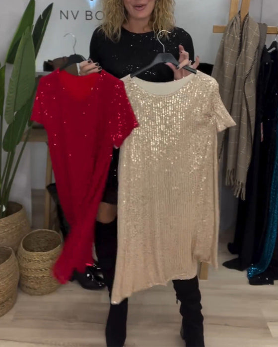 Elegante jurk met ronde hals en pailletten