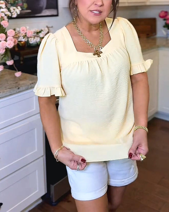 Blouse Vierkante Hals Geruwd Mouw