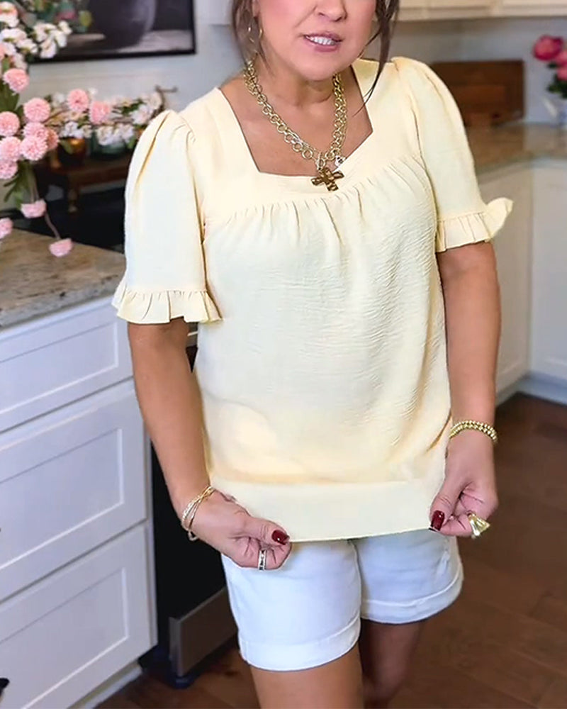 Blouse Vierkante Hals Geruwd Mouw