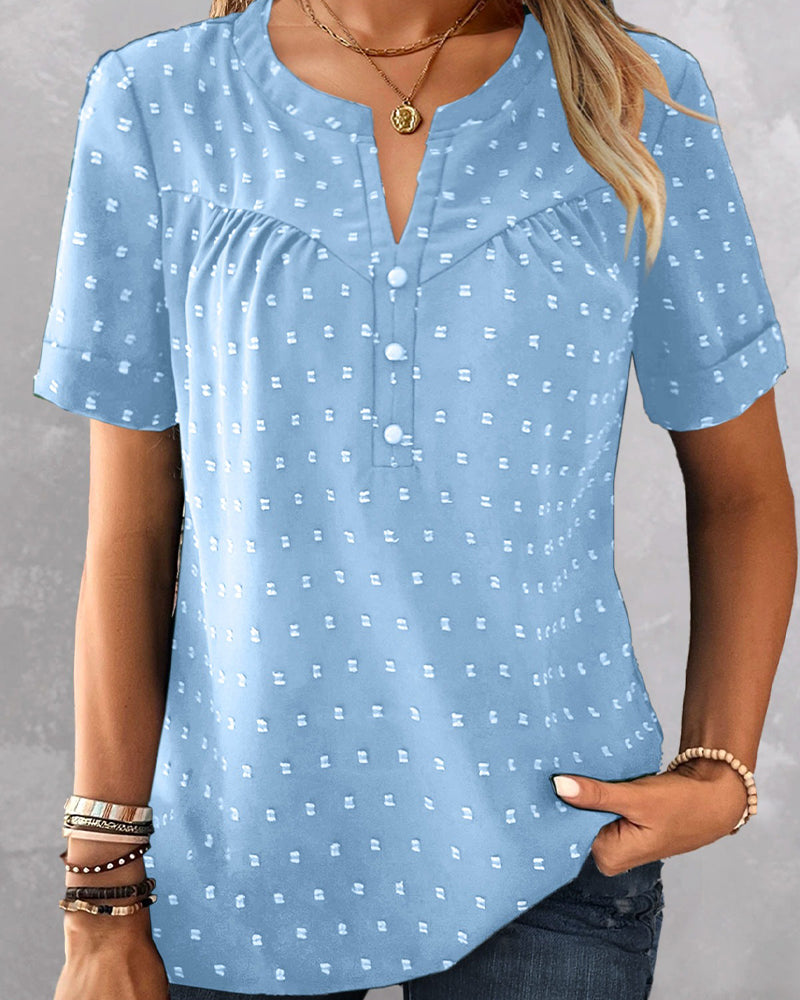 Blouse Jacquard V-Hals Half Sluiting Korte Mouw
