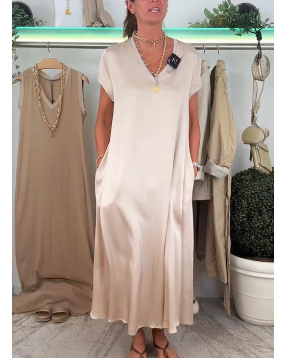 Casual effen kleur jurk met V-hals en zak