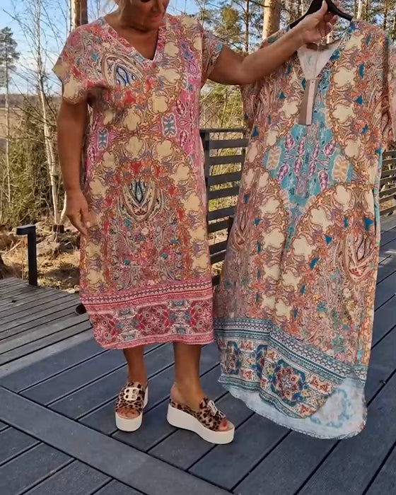 Jurk V-Hals Korte Mouwen Bedrukt Recht