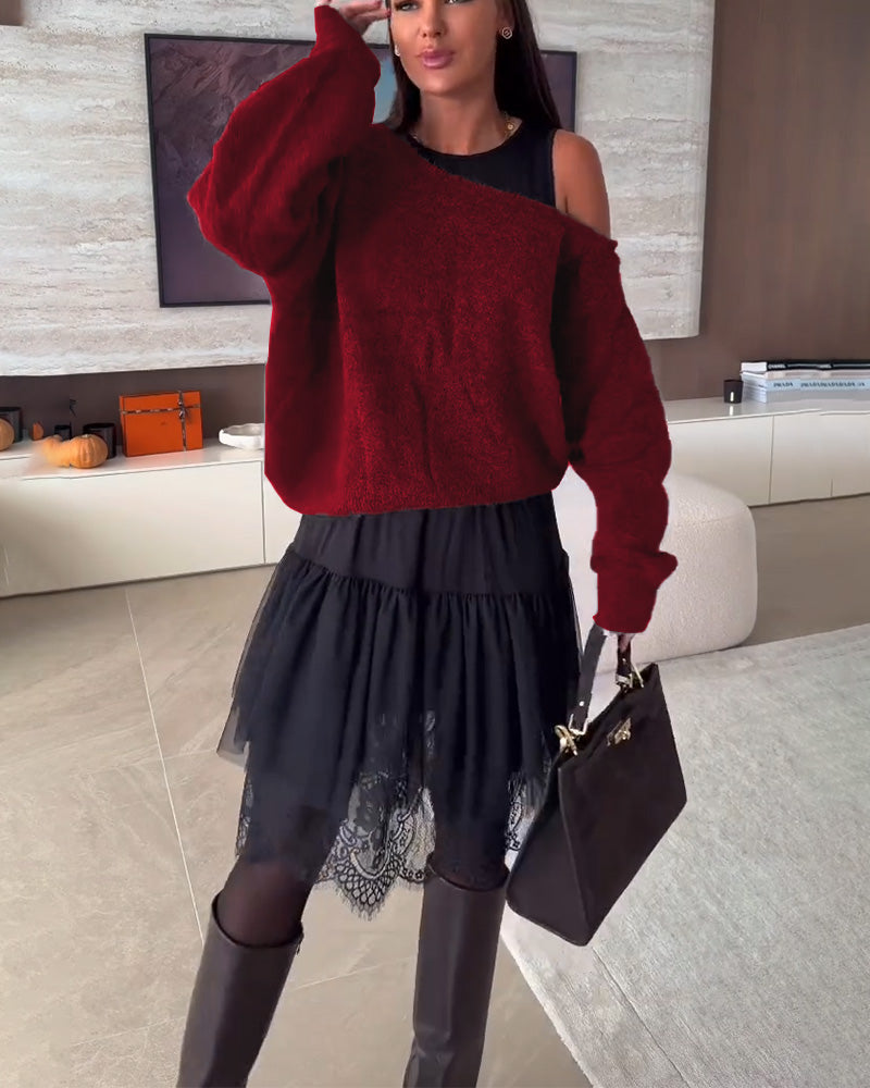 Off-Shoulder Wijd Trui & Kant Zoom Jurk