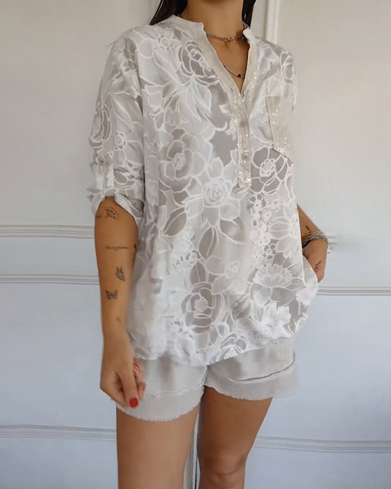 Blouse V-hals Met Knopen Bedrukt
