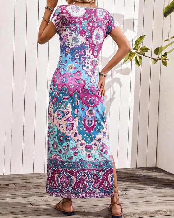 Kleurrijk bedrukte casual jurk met splitten